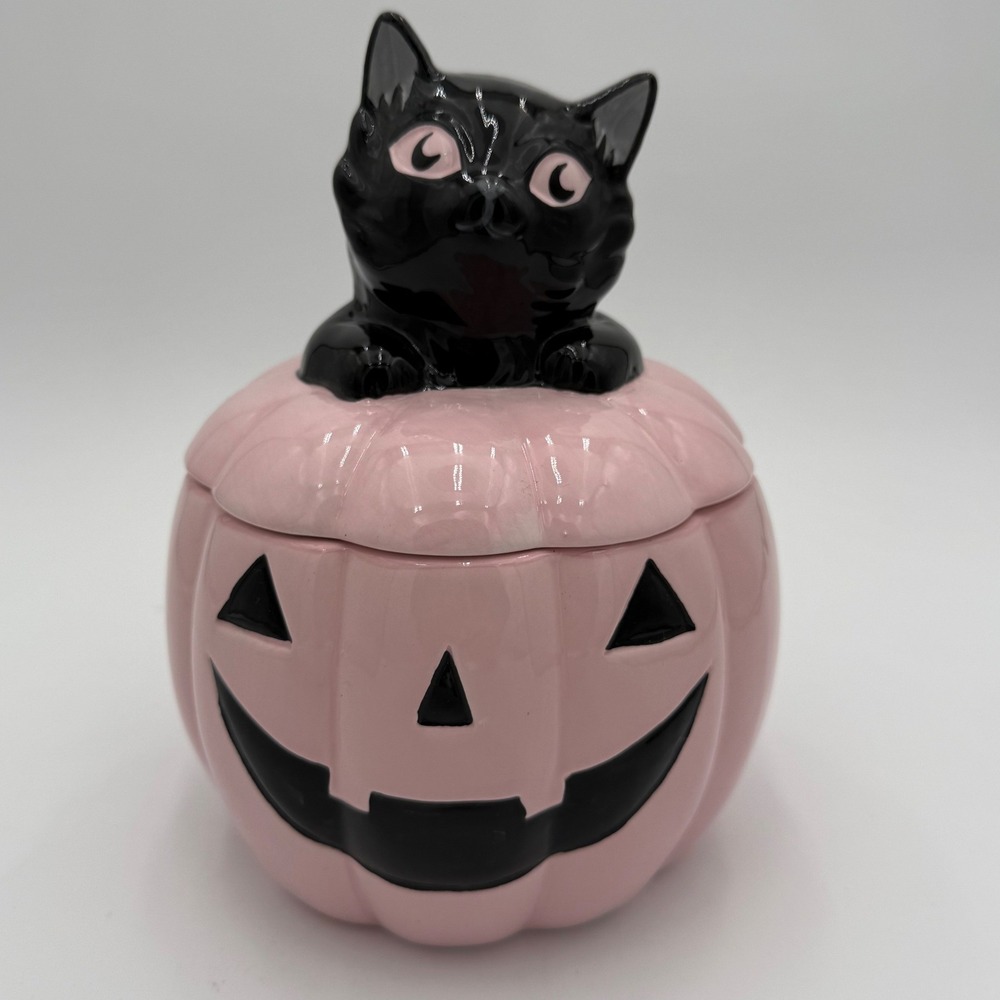 Cobwebs & Cauldrons Pink Pumpkin Black Cat Ceramic Halloween Cookie Jar Canister